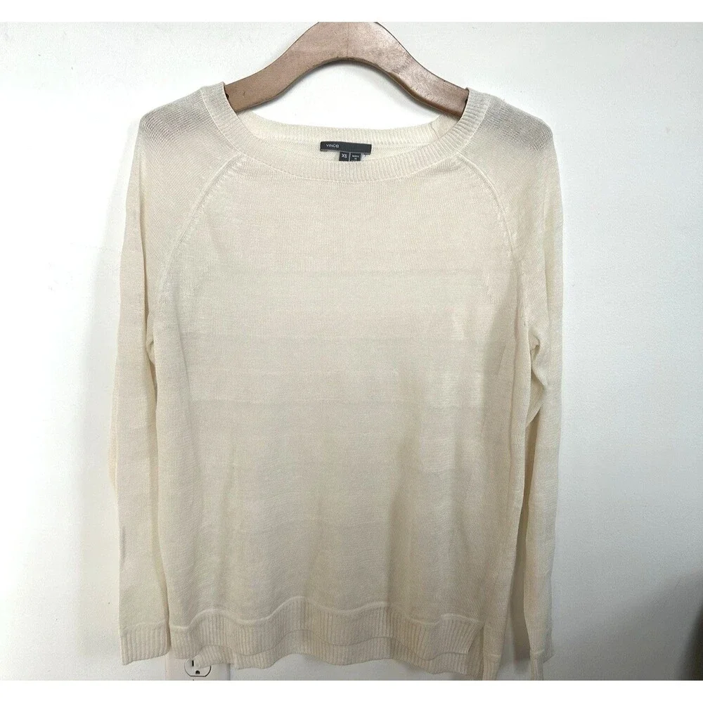 Vince Round Neck Raglan Sleeve Light Linen L/S Sweater Semi Sheer Stripes Sz XS